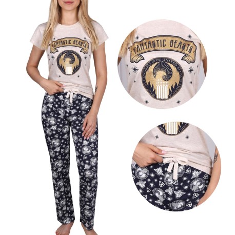 Fantastic Beasts Women's pyjamas, short sleeve beige and navy