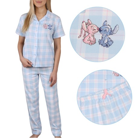 DISNEY Stitch Kék rövid ujjú pizsama, pamut, lányoknak, hosszú nadrág, gombokkal