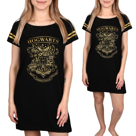 Czarno-złota, damska koszula nocna na krótki rękaw Hogwarts HARRY POTTER