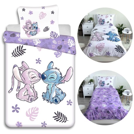 DISNEY Stitch Biało-fioletowa, dwustronna pościel dziecięca, dla dziewczynki, na zamek, 100% bawełna, 160x200cm OEKO-TEX