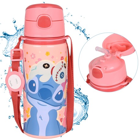 DISNEY Stitch Aluminiowa butelka termiczna, ustnik, bidon z paskiem na ramię, dla dziewczynki 600ml