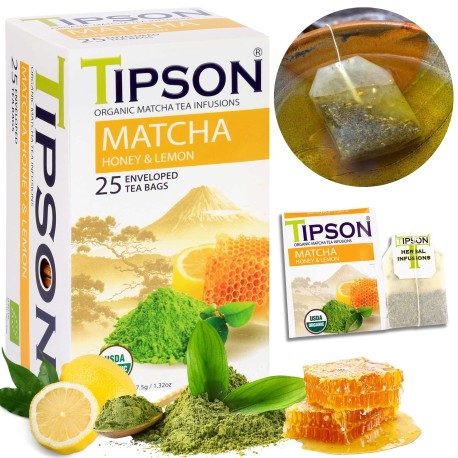 Tipson Matcha  - Organiczna herbata cytryna i miód w  saszetkach, NATURALNA, 25x1,5g