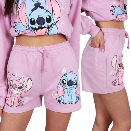 DISNEY Stitch Bawełniane, krótkie spodenki dla dziewczynki, fioletowe z kieszonką