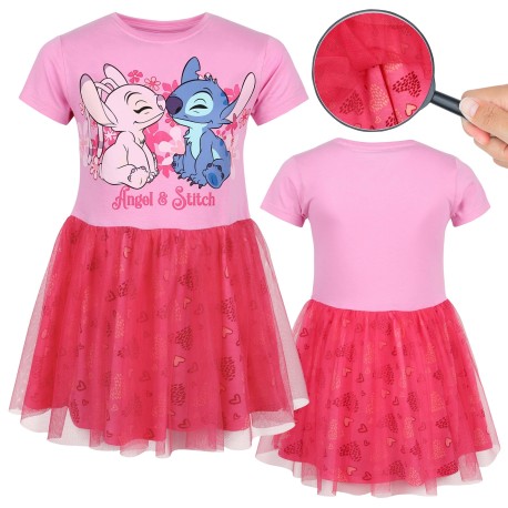DISNEY Stitch Różowa sukienka z tiulem na krótki rękaw, sukienka dziewczęca