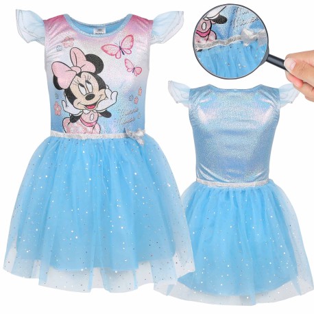 DISNEY Myszka Minnie Niebieska sukienka z tiulem na krótki rękaw, sukienka dziewczęca