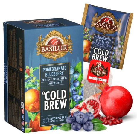 BASILUR Cold Brew - Owocowa herbata bezkofeinowa z aromatem granatu i borówki, herbata na zimno w saszetkach 20 x 2 g