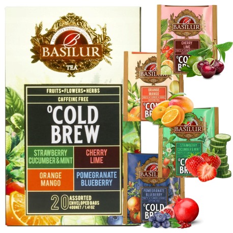 BASILUR Cold Brew - Zestaw 4 smaków owocowych, bezkofeinowa herbata na zimno w saszetkach 20 x 2 g