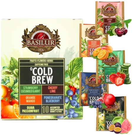 BASILUR Cold Brew - Zestaw 4 smaków owocowych, bezkofeinowa herbata na zimno w saszetkach 10 x 2 g