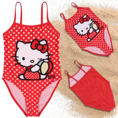 Hello Kitty Dziewczęcy strój kąpielowy, czerwony strój kąpielowy, jednoczęściowy w groszki