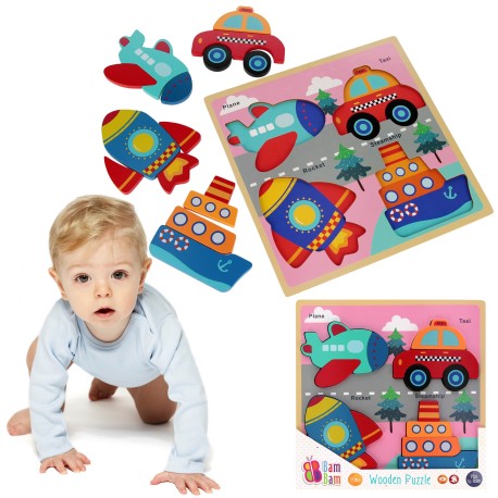 Drewniane puzzle, układanka edukacyjna pojazdy dla dzieci 8m+ BamBam