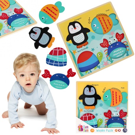 Drewniane puzzle, układanka edukacyjna ocean dla dzieci 8m+ BamBam