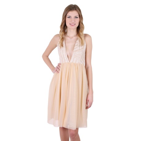 Beige, Sleeveless, V-Neck, Lightweight Tulle Midi Dress By John Zack