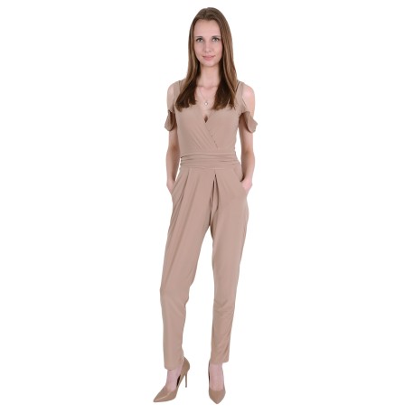 Beige, Cold Shoulder Cut, Wrap Front,  Jumpsuit For Ladies By John Zack