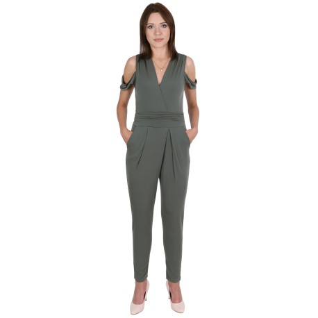 Khaki, Cold Shoulder Cut, Wrap Front,  Jumpsuit For Ladies By John Zack