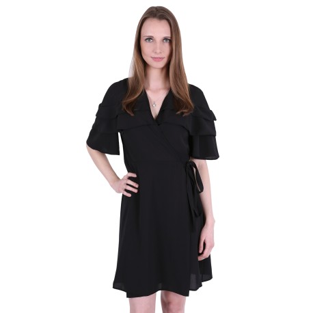 Black, Short Sleeved, Frill Design, Tie Detail Mini Dress By John Zack