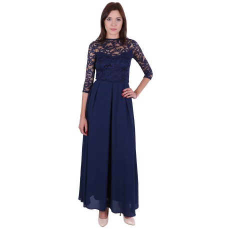 Navy Blue, Lace top, 3/4 Length Sleeves, Sheer Back, Maxi Dress By John Zack 