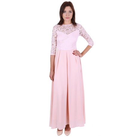 Pink, Lace top, 3/4 Length Sleeves, Sheer Back, Maxi Dress By John Zack 