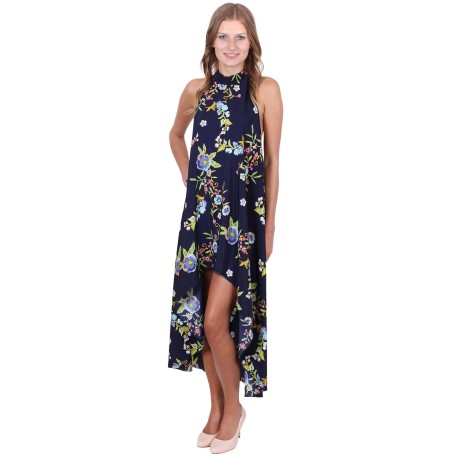 Navy Blue, Floral, Sleeveless, High-Low Hem, Open Back, Midi Dress By John Zack