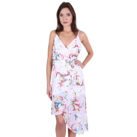 White/Butterflies, Soft Lightweight Chiffon, Wrap Front Midi Dress By John Zack 