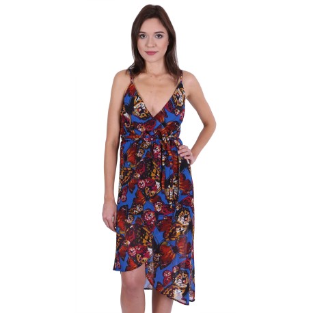 Blue/Butterflies, Soft Lightweight Chiffon, Wrap Front, Midi Dress By John Zack 