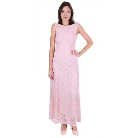 Pink, Full Floral Lace, Sleeveless, Open Back, Maxi Dress By John Zack 