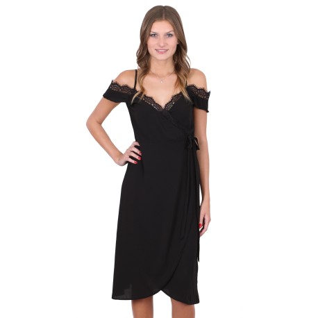 Black/ Lace Hem, Wrap Front, Tied Waist Detail, Midi Dress By John Zack 