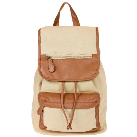 Beige, Canvas Fabric Backpack, Knapsack, Rucksack, Faux-Leather Details