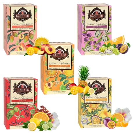 BASILUR Fruit Infusions - Zestaw herbat owocowych bezkofeinowych, napary owocowe 5x20 saszetek