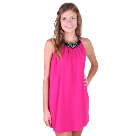 Pink, Lightweight Chiffon, Embellished Halter Neck Mini Dress ANGELEYE