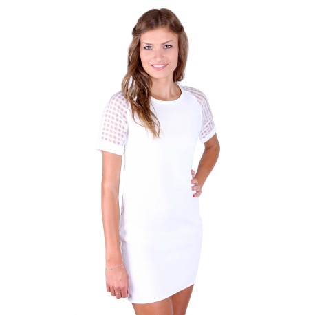 Cream, Semi Sheer Short Sleeved, Crew Neck Mini Dress By Angeleye