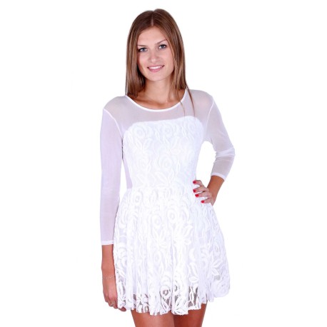 White, Floral Lace, Mesh Long Sleeved Mini Dress by John Zack