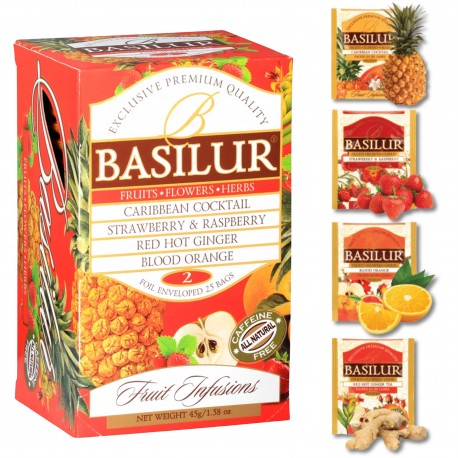 BASILUR Fruit Infusions - Owocowa herbata bezkofeinowa, 4 smaki w saszetkach 25 x 1,8 g