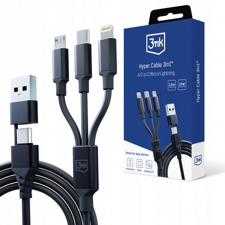 3mk Hyper Cable 3in1 Black Kabel USB-A/USB-C do USB-C/Micro/Lightning 1.5m