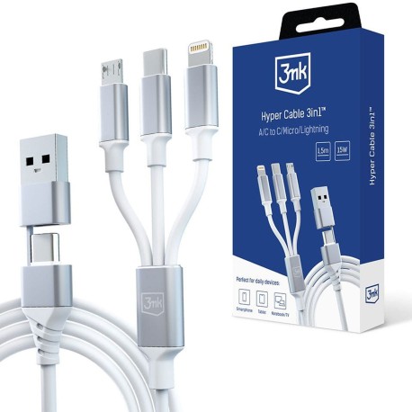 3mk Hyper Cable 3in1 White Kabel USB-A/USB-C do USB-C/Micro/Lightning 1.5m