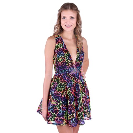 Black, Multicolour Ribbon Design, Deep V-neck, Mini Skater Dress By John Zack