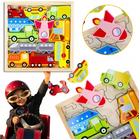 Vehicule, puzzle jigsaw din lemn pentru copii - 12 piese