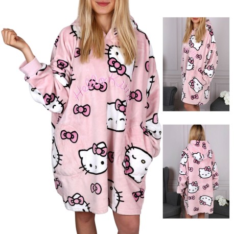 Hello Kitty Różowa bluza/szlafrok/koc z kapturem, snuddie z kieszeniami