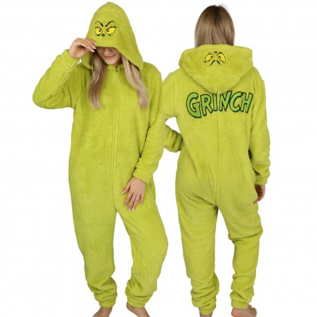 Grinch Polarowa piżama jednoczęściowa, damskie onesie z kapturem