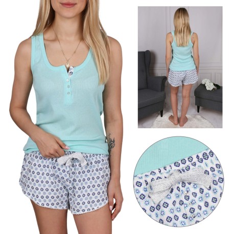 Turquoise-white, women's patterned pyjamas, short shorts