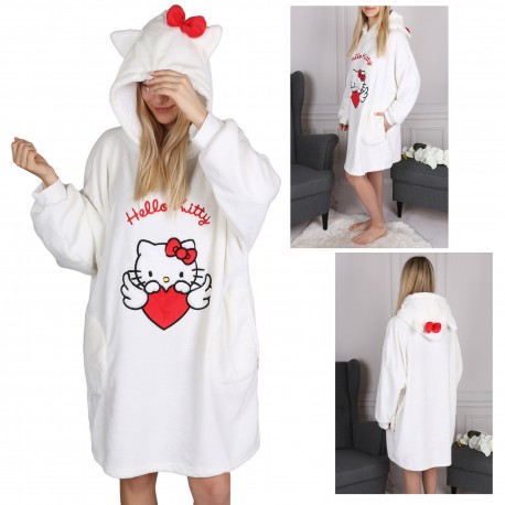 Hello Kitty Biała, damska bluza/szlafrok/koc z kapturem, snuddie, ciepła, miękka