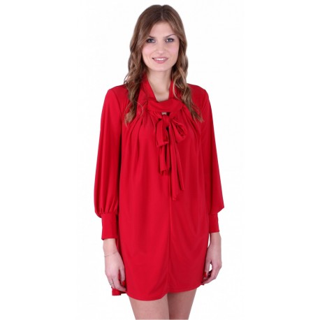 Red Long Blouson Sleeved With Bow Tie Detail Mini Dress By John Zack