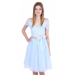 Light Blue, Lightweight Tulle Off-Shoulder Design Top & Flare Midi Skirt Set