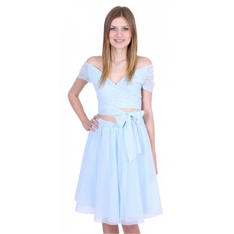 Light Blue, Lightweight Tulle Off-Shoulder Design Top & Flare Midi Skirt Set