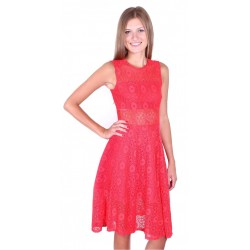 Red Fit and Flare Style Sleeveless Full Sheer Lace Midi Dress by John Zack