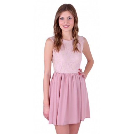 Pink Mini Dress, Open Back, Lace Sleeveless & Chiffon Skirt by John Zack