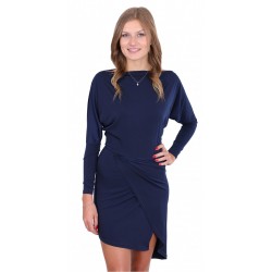 Navy Blue Asymmetric Wrap Over Mini Dress, Long Sleeve by John Zack