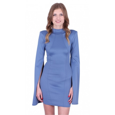Blue Long Split Sleeves, High Neckline, Open Back Mini Dress by John Zack