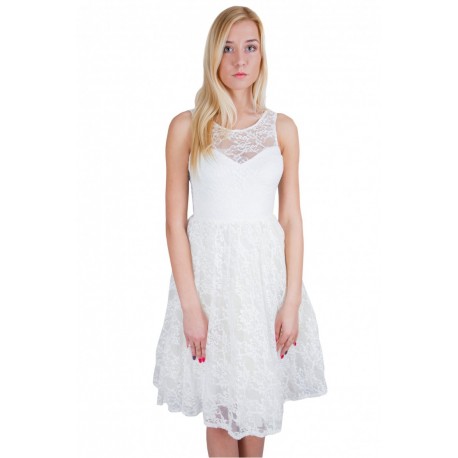 White Full Floral Lace Midi Fit & Flare Style Dress, Backless by John Zack