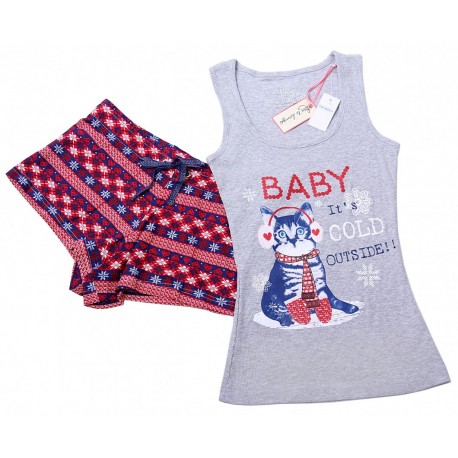 Red Grey Short Sleeve Top & Shorts Pyjama Set For Ladies Kitty Love To Lounge