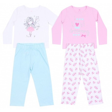 2 x Pink/Flowery/Blue Long Sleeved Pyjama Sets For Girls Young Dimension Sleep